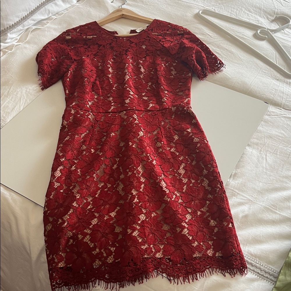 WAYF | Spencer Lace Party Dress Garnet Burgundy Red Lined Short Sleeve New Small